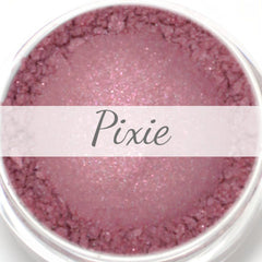 Eyeshadow powder with pink shimmer, "Pixie" text on white banner, in clear container