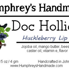 Humphrey's Handmade Doc Holliday Huckleberry Lip Balm label with black text and illustration on white background