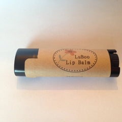 Lip balm tube with black plastic and tan paper label, LuBoo brand name visible