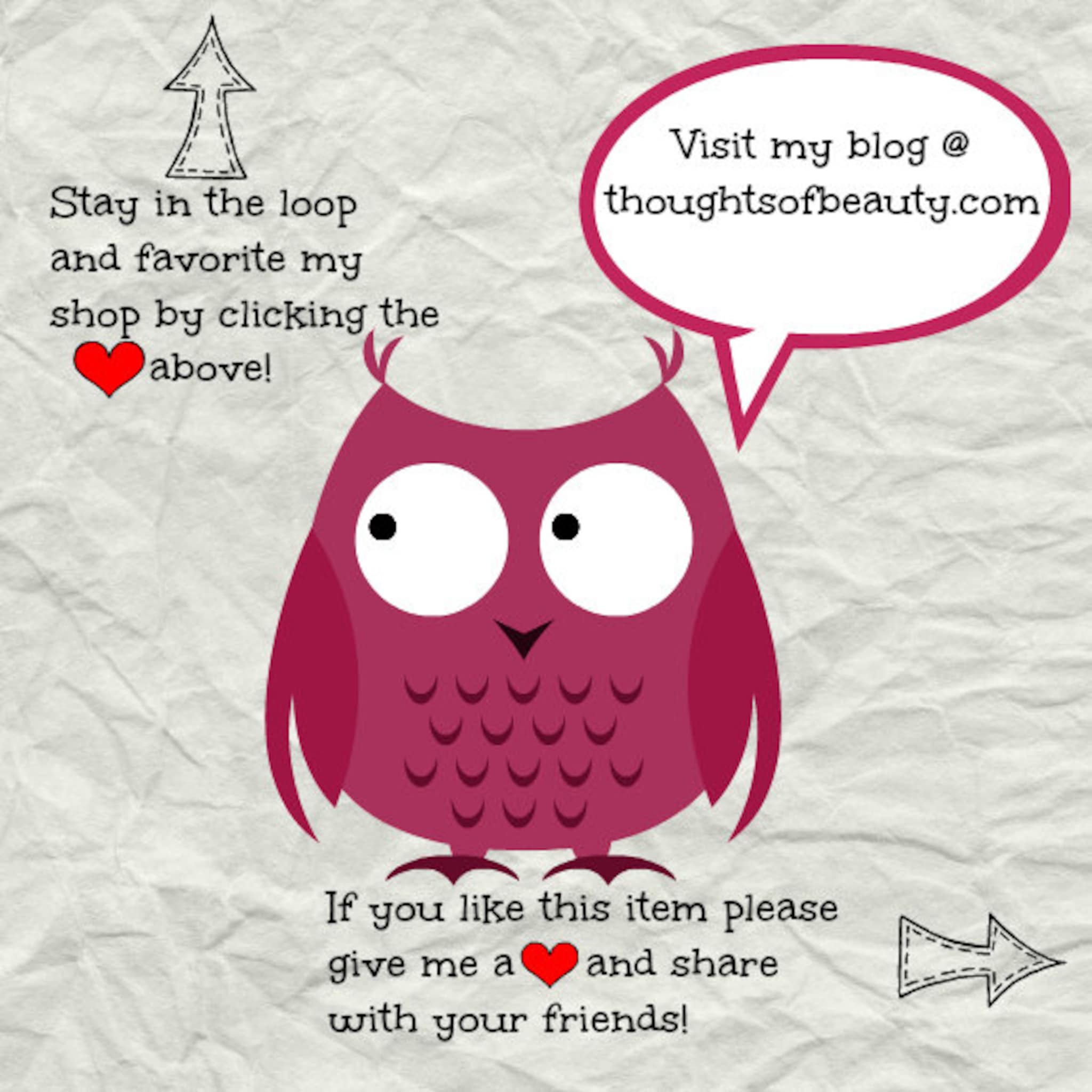 Owl illustration with maroon body, white eyes, and speech bubble with website address for blog promotion