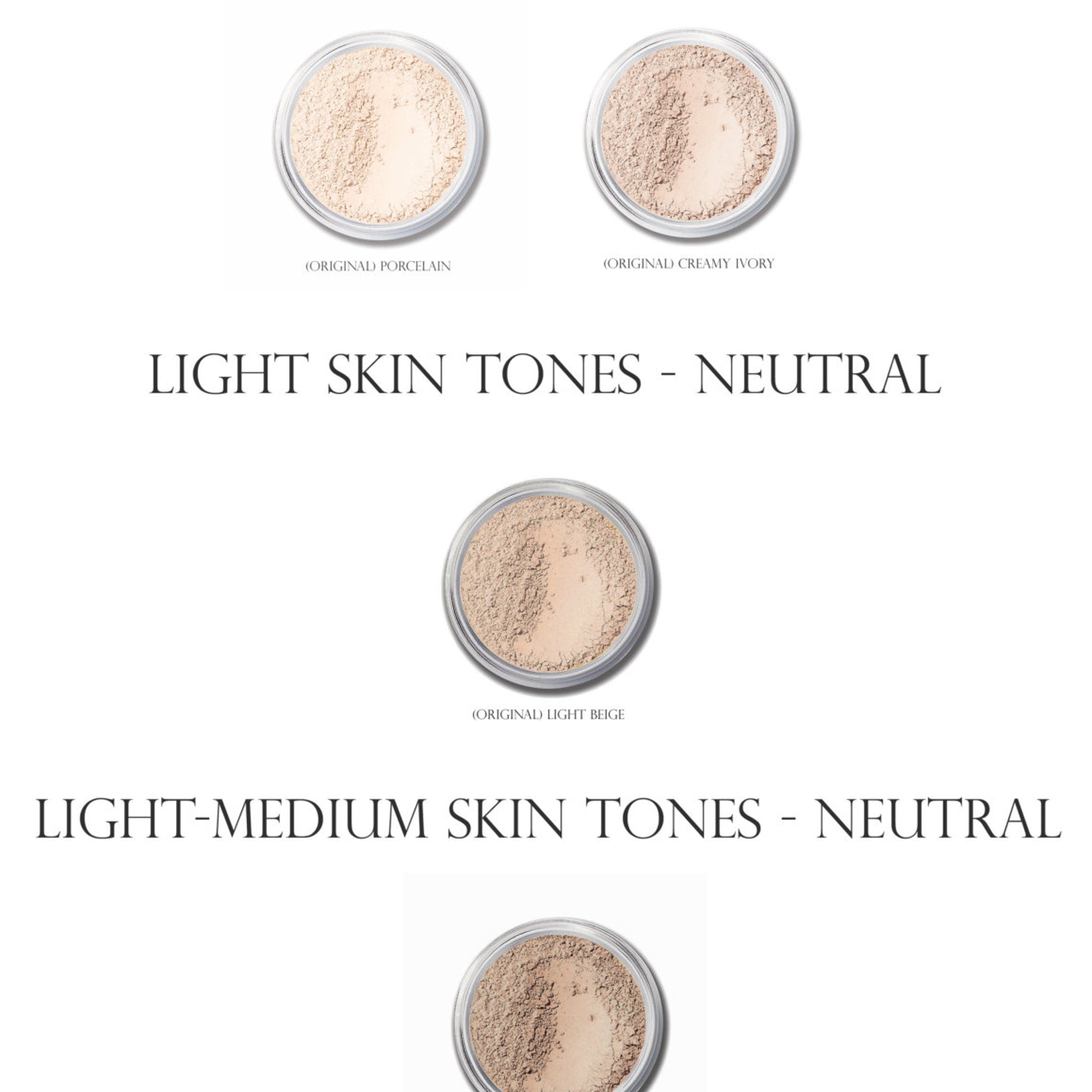 Powder makeup in light beige, ivory, and porcelain shades in clear jars for skin tones