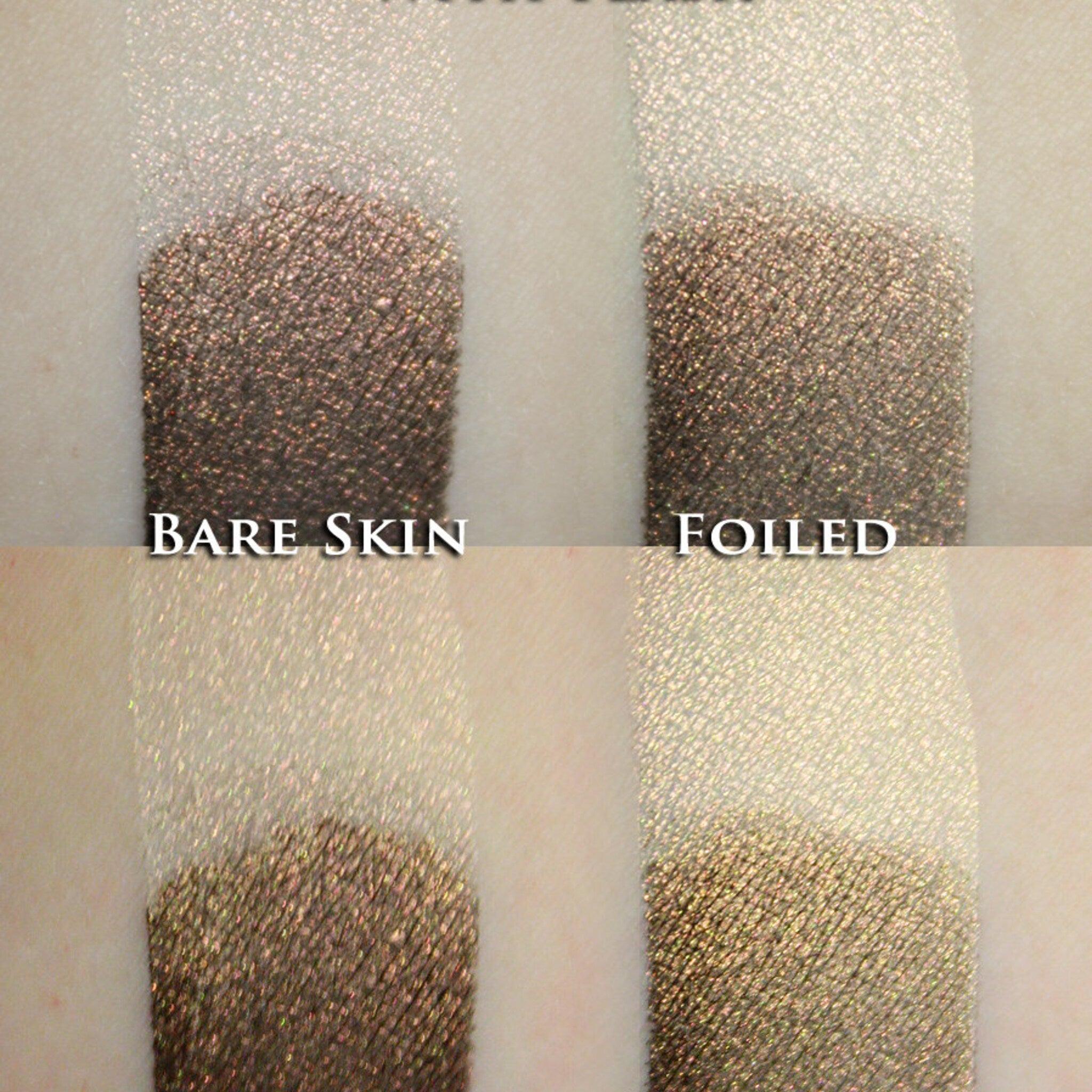 Hand applying iridescent orange loose powder eyeshadow with shimmer particles onto eyelid using a brush