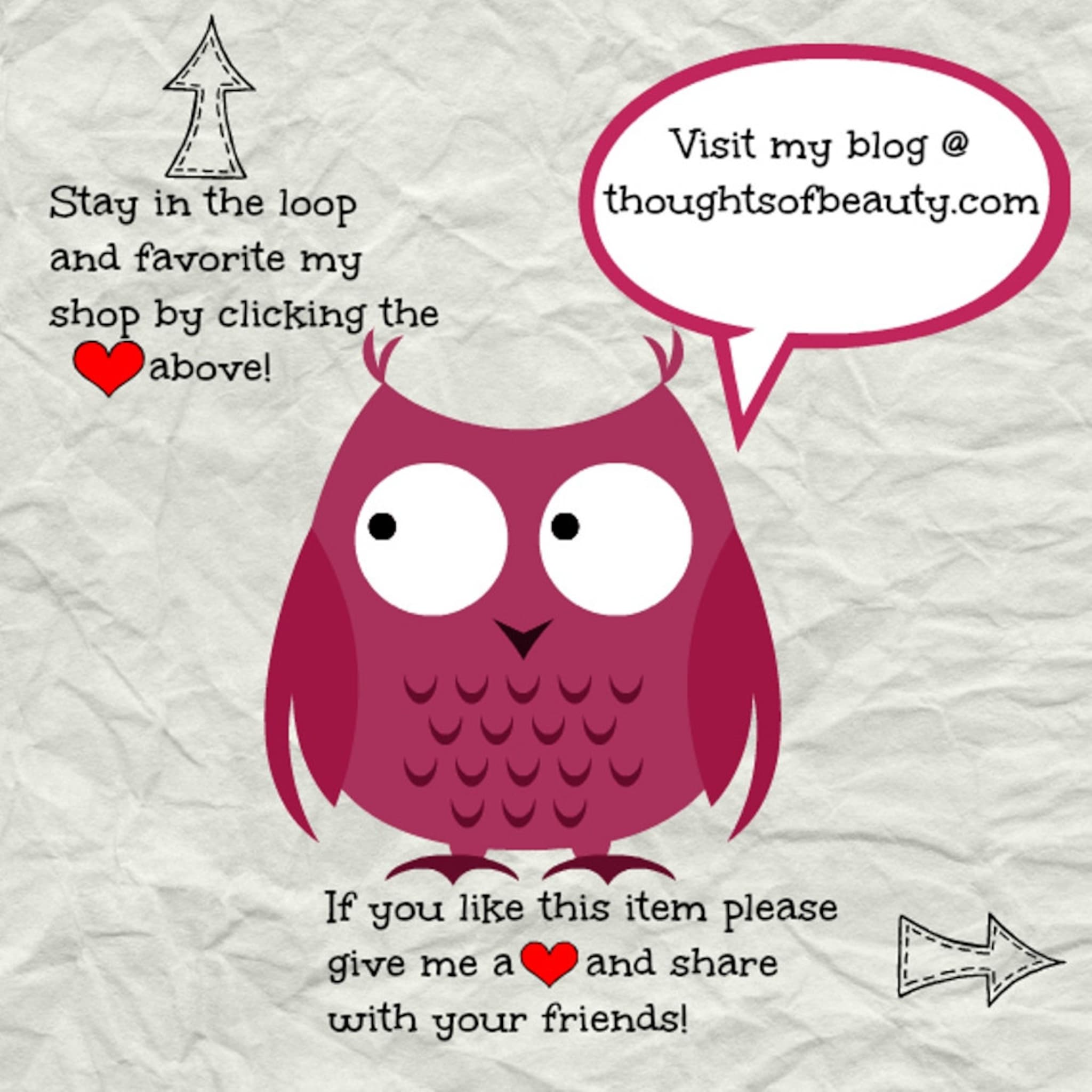Owl illustration with maroon body, white eyes, and text bubble with thoughts of beauty blog address on textured background