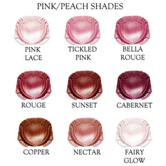 Pink eyeshadow with pink, peach, and brown shades, Borne Cosmetics product swatches