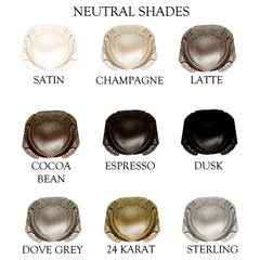 Eyeshadow shades, neutral colors, powdered texture, BORNE COSMETICS text, various colors including brown, grey, and gold