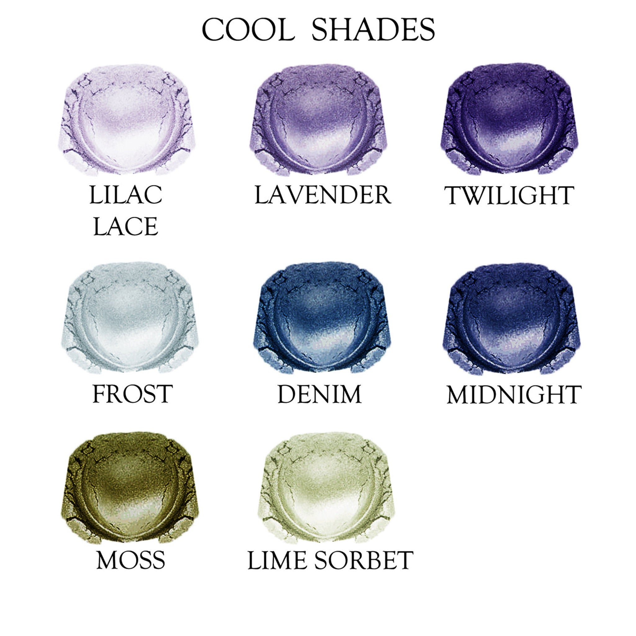 Eyeshadow shades, cool color palette, powder texture, Borne Cosmetics brand name visible