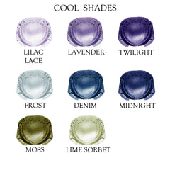 Eyeshadow shades, cool color palette, powder texture, Borne Cosmetics brand name visible