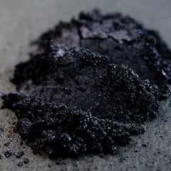Metallic black loose mineral eyeshadow with iridescent gunmetal shimmer in a sleek jar