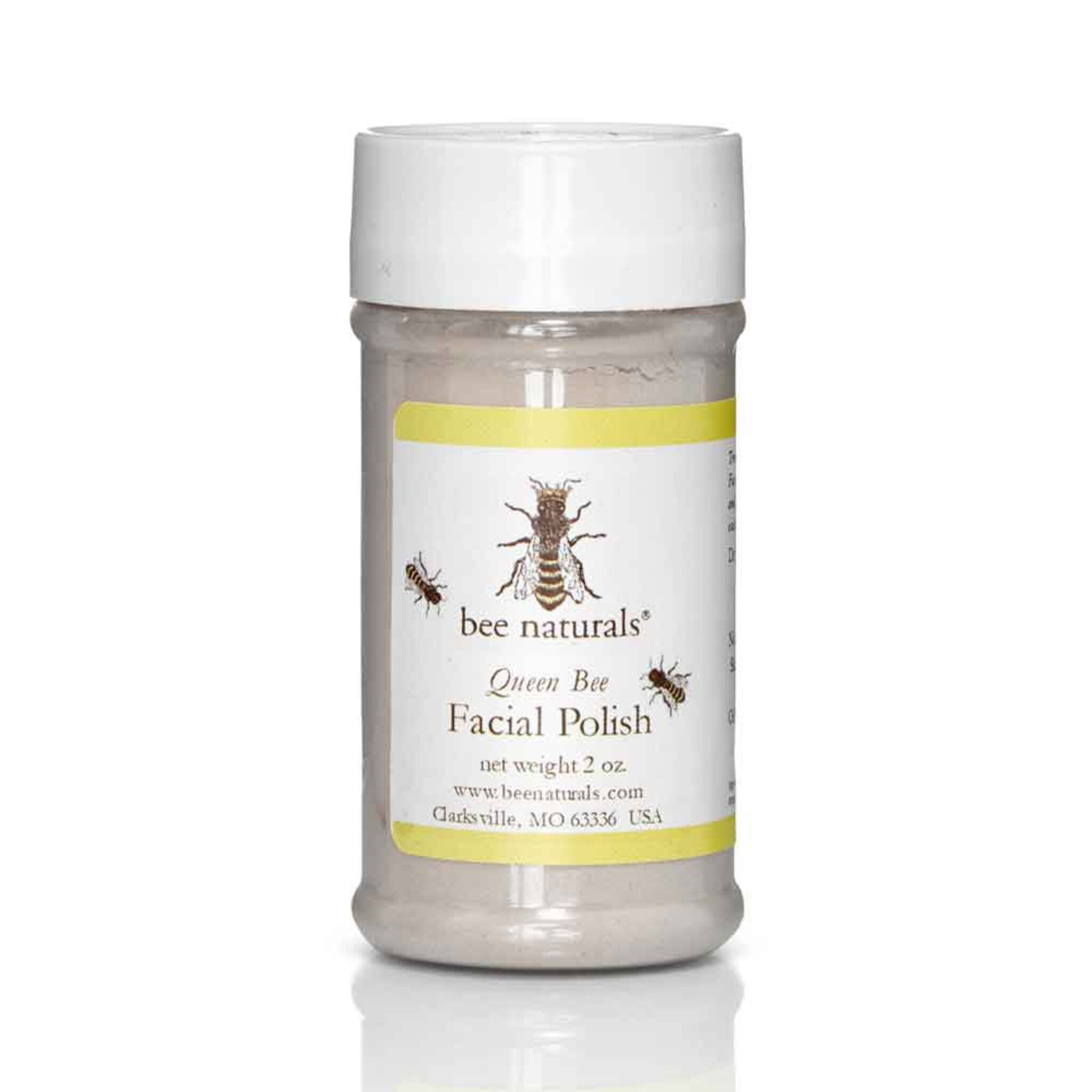 Facial cleanser jar with white lid, beige powder, and Bee Naturals label