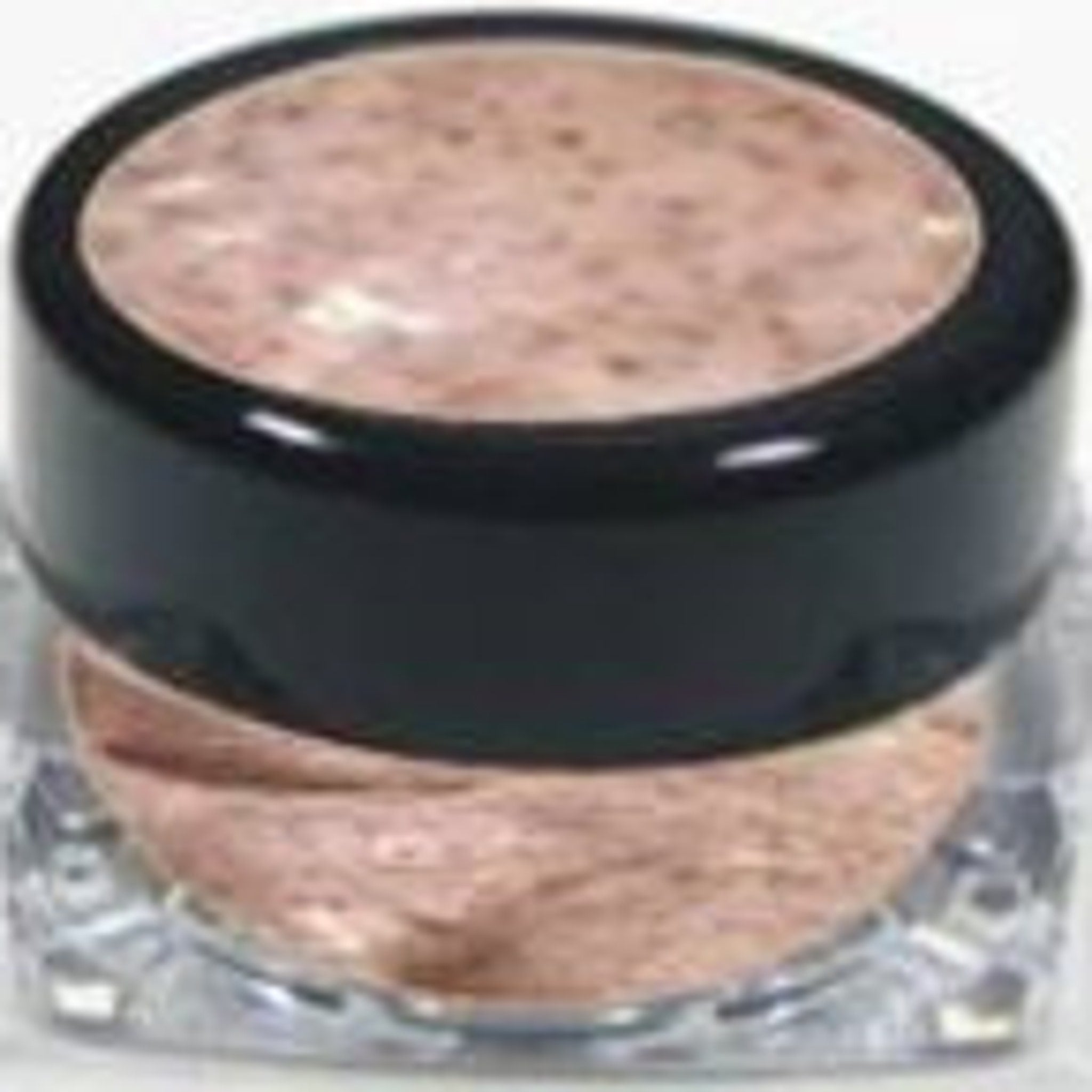 Makeup jar with pink powder and black lid in a clear container