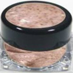 Makeup jar with pink powder and black lid in a clear container