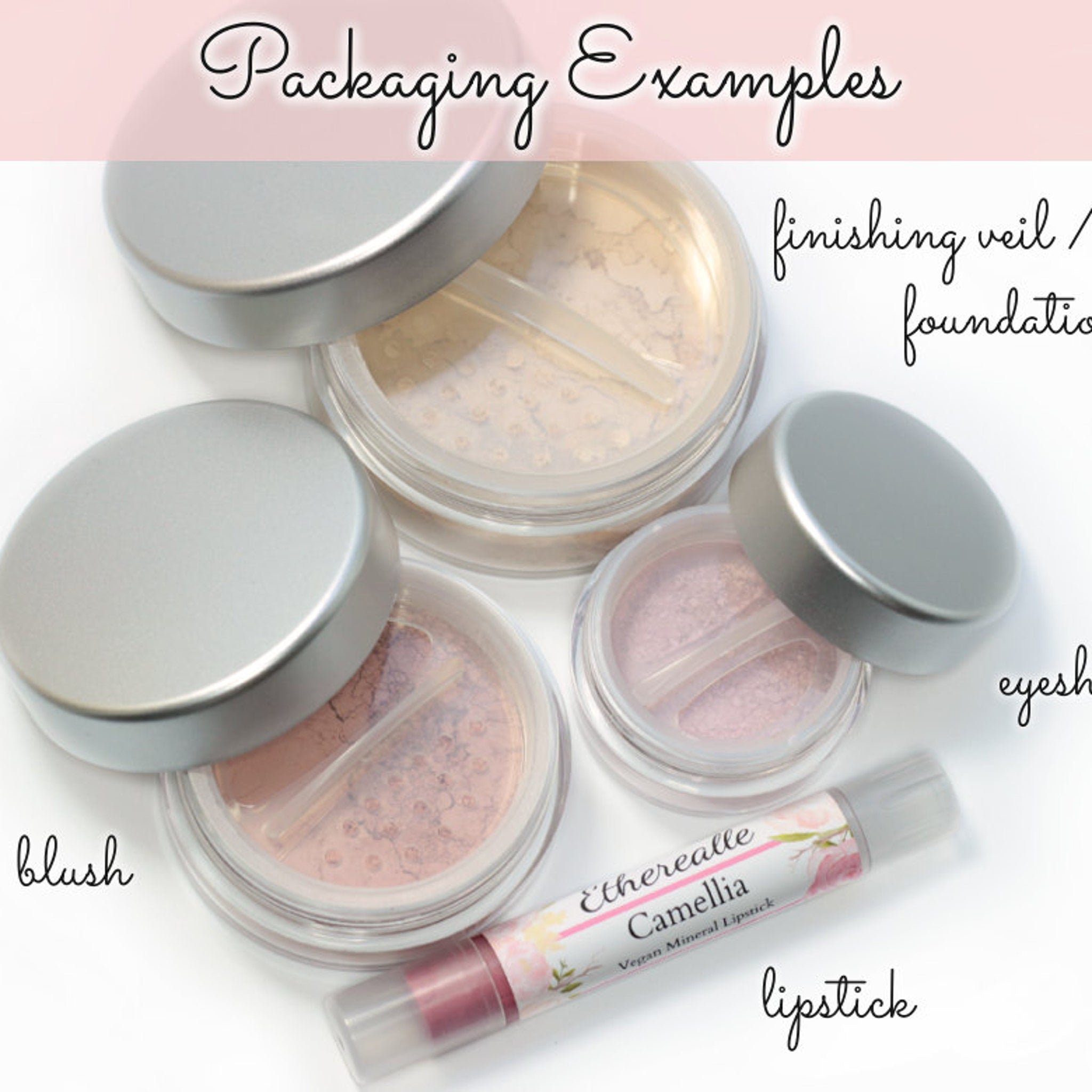 Powder makeup jars with silver lids, clear plastic, and various shades of powder