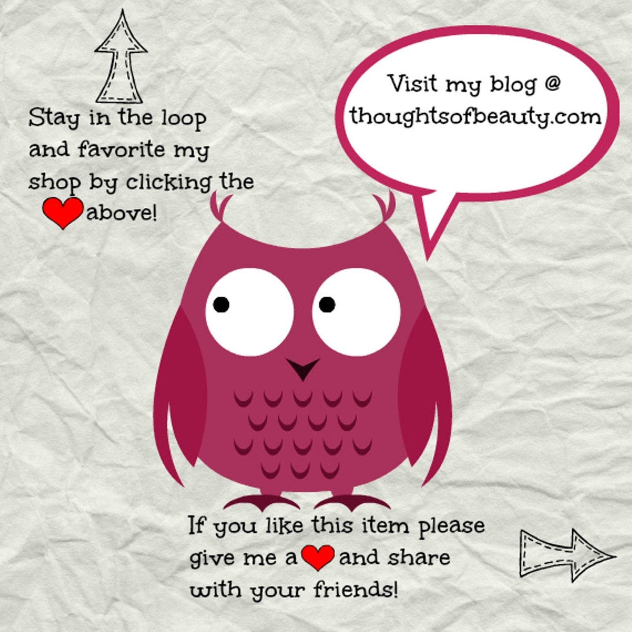 Owl illustration with maroon body, white eyes, and text bubble with thoughts of beauty blog address on textured background