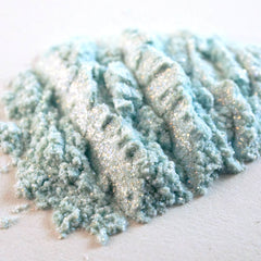 Glitter powder, light blue with silver shimmer, textured appearance on white surface