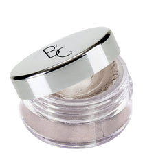 Mineral eyeshadow in light taupe, clear jar, silver lid with BORNE COSMETICS logo